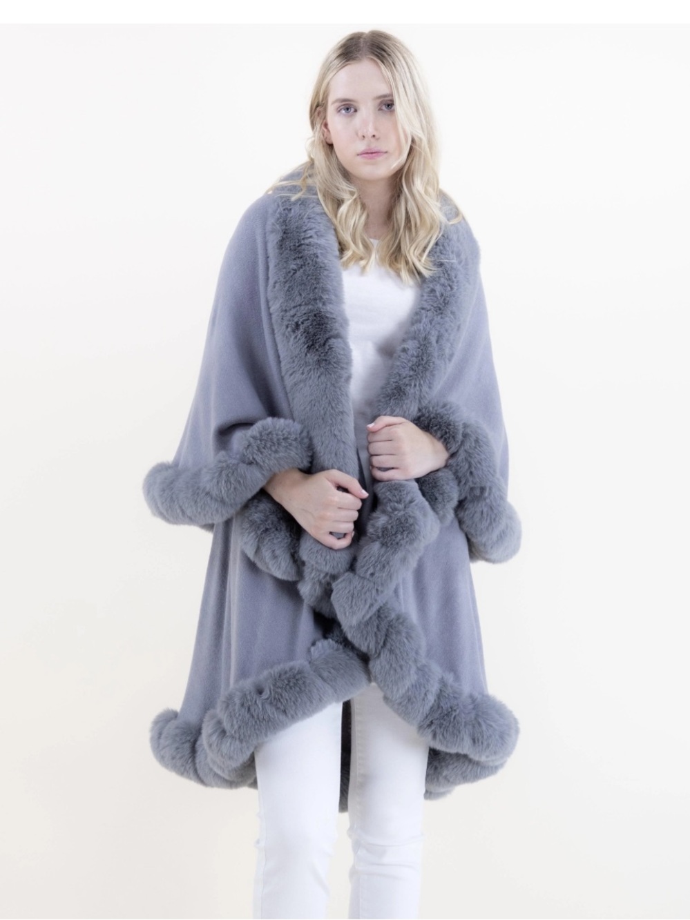 ❄️ New Original USA Gray Faux Fur Trim Cape Sweater - Cozy Chic Wrap OSFA
